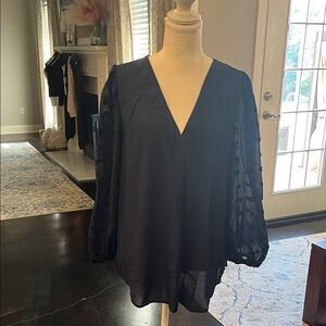 Sheer Sleeve V-Neck Navy Women's Top